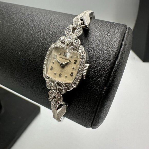 Vintage Hamilton Dinhofer Watch Women Platinum Diamond Bezel Manual Stretch main image 15